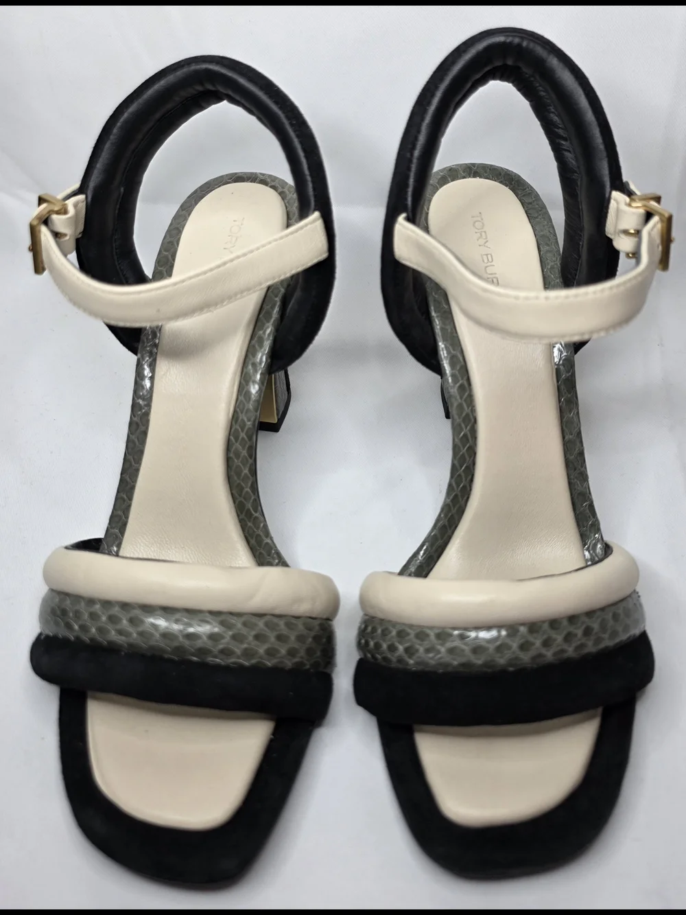 Tory Burch Black and Beige Ankle-Strap Heels with Gold Block Heel